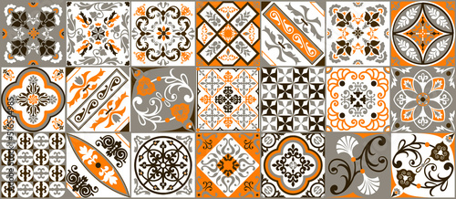 Traditional ornate Portuguese decorative colored azulejos tiles. Abstract background. Vector drawing illustration, typical Portuguese tiles, ceramic tiles. Seamless background.