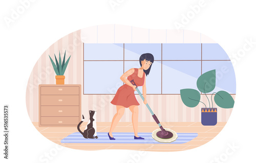 Young woman cleaning room with mop at apartment. Housewife mopping floor at home using mop, cat sitting next to her. Household activities, housekeeping and chores routine © Svetlanas01