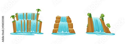 Set of picturesque waterfalls falling from rock stones