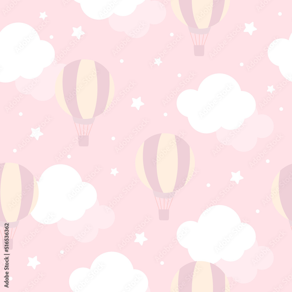 Vector seamless pattern with clouds, stars and balloons. Hand-drawn children's wallpaper, print for clothes, textiles. 3d wallpaper on a pink background.