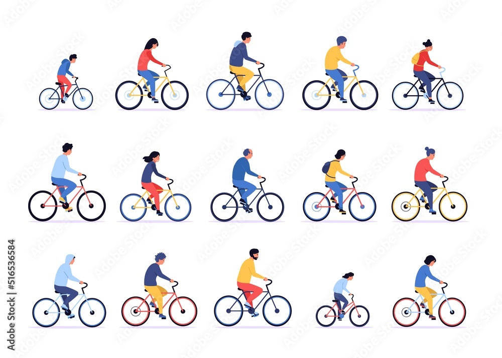 People on bicycle. Cartoon persons ride on bike, different sportsmen cycling together, man and woman with active lifestyle. Vector men and women bicyclers set