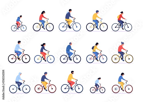 People on bicycle. Cartoon persons ride on bike, different sportsmen cycling together, man and woman with active lifestyle. Vector men and women bicyclers set