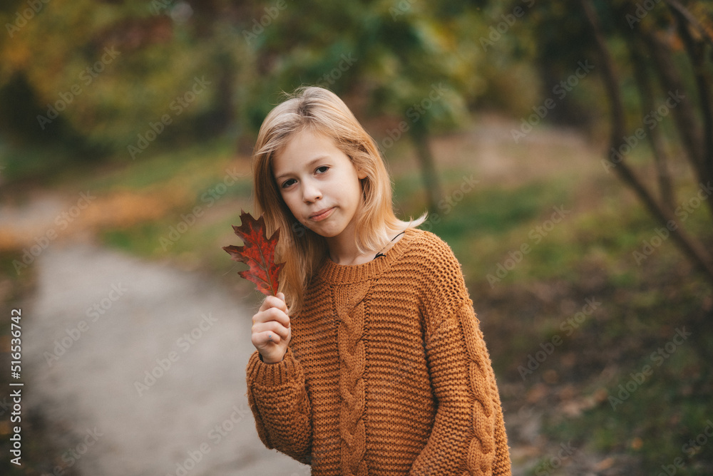 portrait of a little girl in autumn park