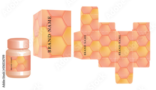 Packaging design, Label on dietary supplement container with gold luxury box template and mockup box, illustration vector.