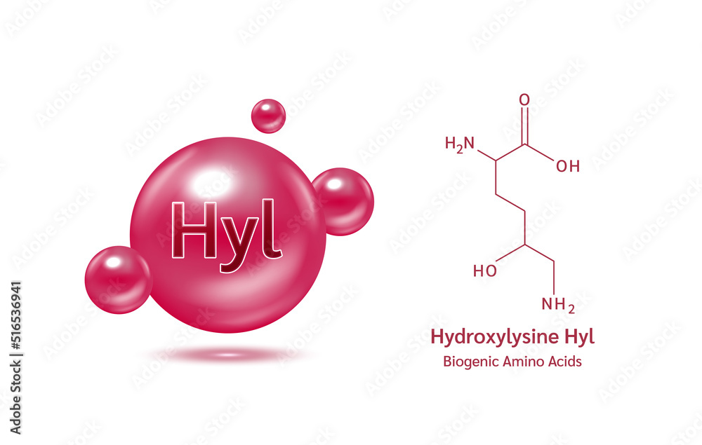 Important amino acid hydroxylysine and structural chemical formula and line model of molecule