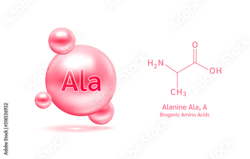Important amino acid Alanine Ala, A and structural chemical formula and line model of molecule. Alanine pink on a white background. 3D Vector Illustration. Medical and scientific concepts.