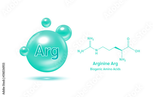 Important amino acid Arginine Arg and structural chemical formula and line model of molecule. Arginine blue on a white background. 3D Vector Illustration. Medical and scientific concepts. photo