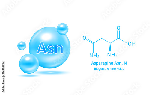 Important amino acid Asparagine and structural chemical formula and line model of molecule. Arginine blue on a white background. 3D Vector Illustration. Medical and scientific concepts.