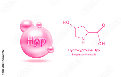 Important amino acid hydroxyproline and structural chemical formula and line model of molecule. Arginine blue on a white background. 3D Vector Illustration. Medical and scientific concepts.