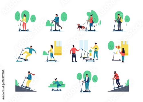 People on kick scooter. Cartoon characters ride on electric scooter, accelerate and brake, reserve with phone app, city transport rental service. Vector isolated set