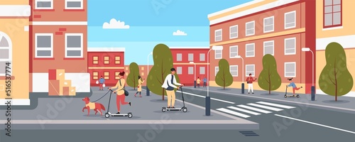 People on scooter in city. Cartoon characters ride electric scooter in street traffic, modern city transport, scooter rental concept. Vector urban vehicle illustration