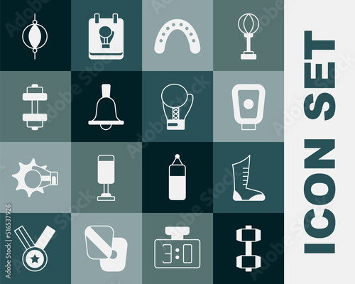 Set Dumbbell, Sport boxing shoes, Boxing training paws, Mouth guard boxer, Punching bag and glove icon. Vector