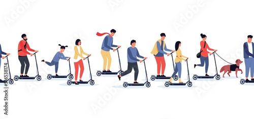 People on scooter pattern. Seamless horizontal print with characters riding electric scooter, modern urban vehicle concept. Vector texture