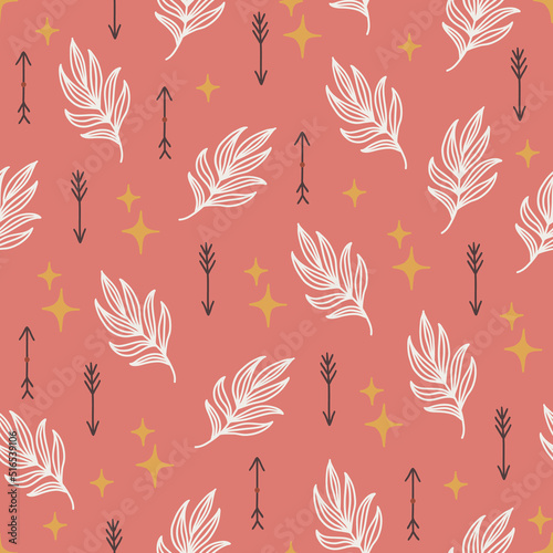 Boho seamless pattern with arrows, stars, leaves on pink background