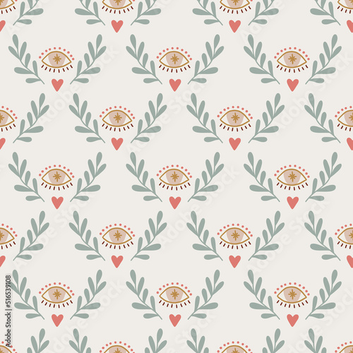 Boho seamless pattern with eyes, leaves, hearts on white background