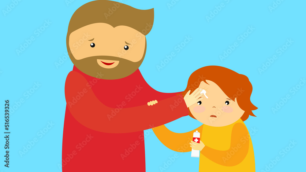 Dad smears his son's forehead with medicine Dad smears his son's forehead with medicine