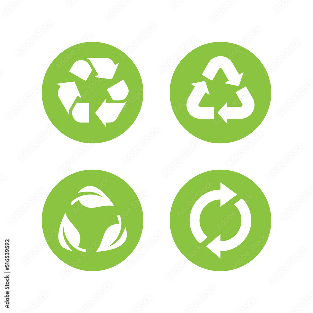 Recycle arrows in circle vector icon. Recycling symbol and leaf cycle symbol set. Recycle arrows in circle vector icon. Recycling symbol and leaf cycle symbol set.