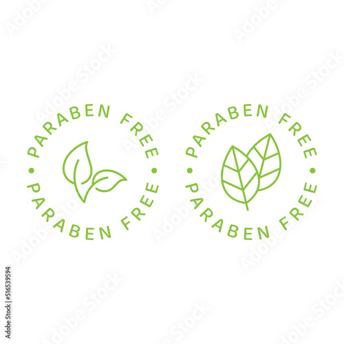 Paraben free vector label set. Circle emblem with leaf for cosmetics packaging.