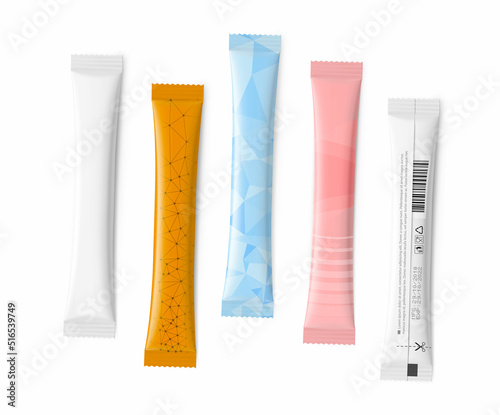 Realistic stick pack sachet mockup for food, cosmetic, pharmacy and other industry. Vector illustration on white background. Possibility use for granulated, powder and liquid products. EPS10.	