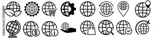 Globe vector icon set. World map illustration sign collection. global business symbol. international communication logo.