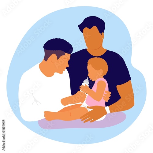 Inclusive family of mans with a child. Parental care for children. The father takes care of the baby, feeds him with milk formula from a bottle. Parental responsibilities. Infant nutrition.