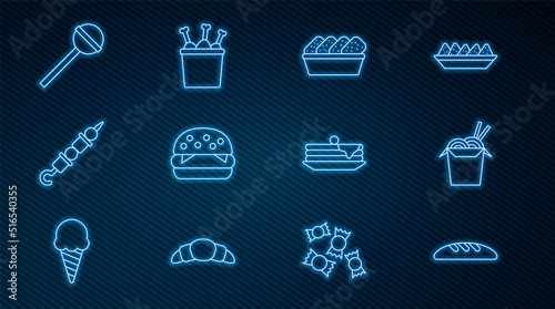 Set line Bread loaf, Asian noodles and chopsticks, Chicken nuggets in box, Burger, Grilled shish kebab, Lollipop, Stack of pancakes and leg package icon. Vector