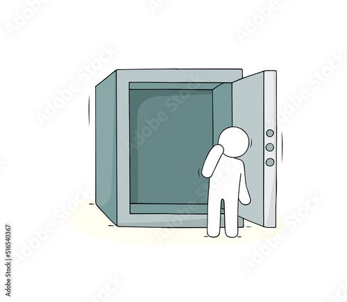Empty metal safe with open door and pensive man
