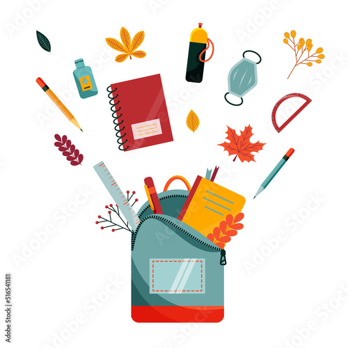 School, college or university items with autumn leaves. Backpack, stationary, books, water bottle, face mask and sanitiser. Back to School banner. Flat design. Vector illustration.