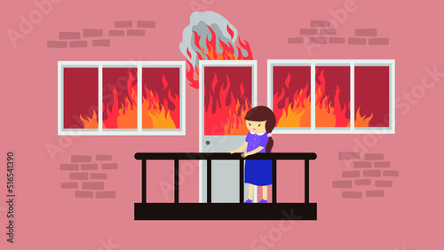 girl fleeing a fire on the balcony