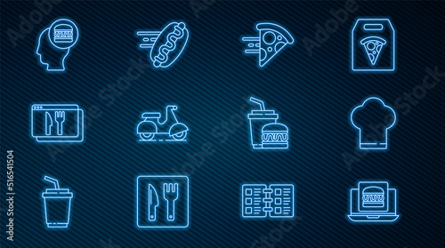 Set line Online ordering burger delivery, Chef hat, pizza, Scooter, and, Paper glass and hotdog icon. Vector