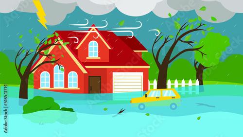 Storm and flooded house with car