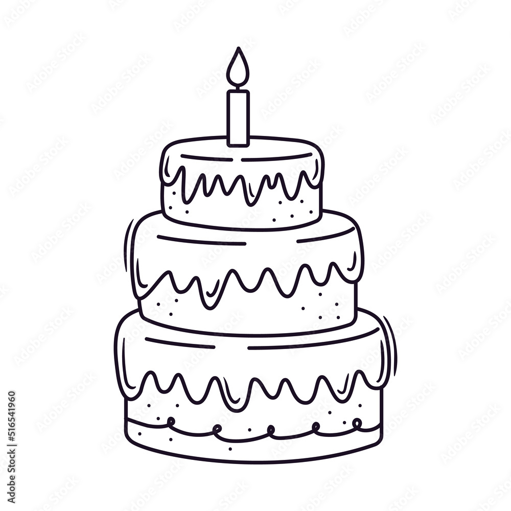 Outline doodle icon of a birthday cake with candle. Baked dessert for party and celebration. Hand drawn doodle illustration. Lineair sketch element Outline doodle icon of a birthday cake with candle. Baked dessert for party and celebration. Hand drawn doodle illustration. Lineair sketch element