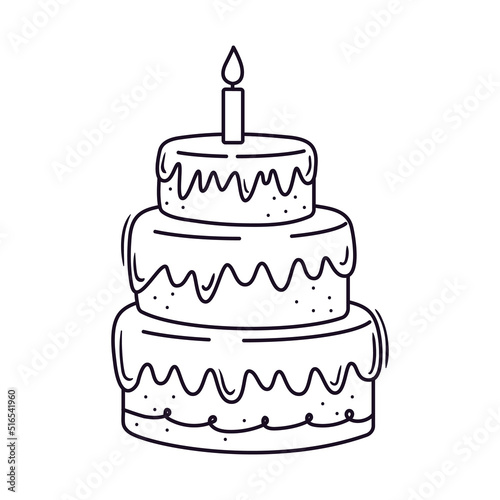 Outline doodle icon of a birthday cake with candle. Baked dessert for party and celebration. Hand drawn doodle illustration. Lineair sketch element