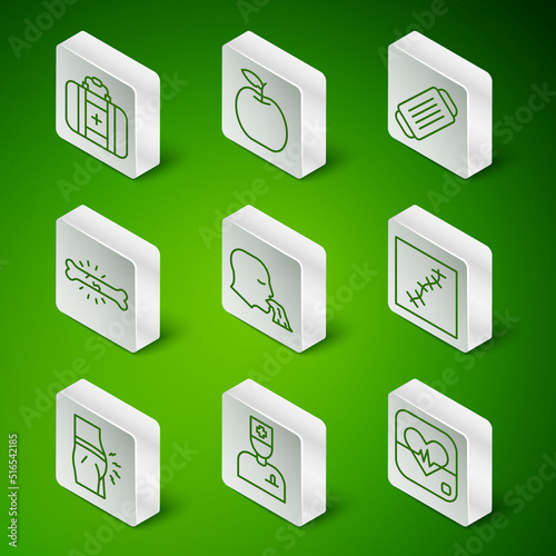 Set line Heart rate, Male doctor, First aid kit, Vomiting man, Bone pain, Apple, Abdominal bloating and Scar with suture icon. Vector