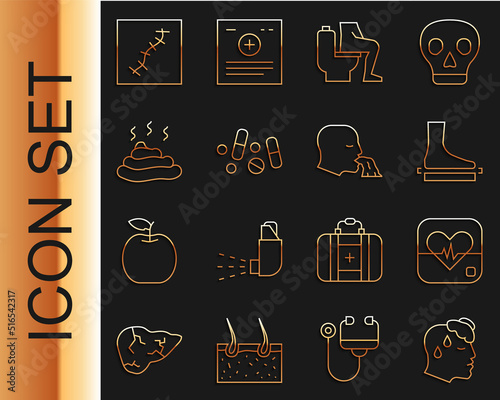 Set line High human body temperature, Heart rate, Flat foot, Constipation, Medicine pill or tablet, Shit, Scar with suture and Vomiting icon. Vector