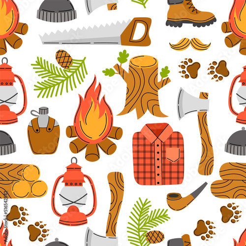 Lumberjack vector seamless pattern on white background