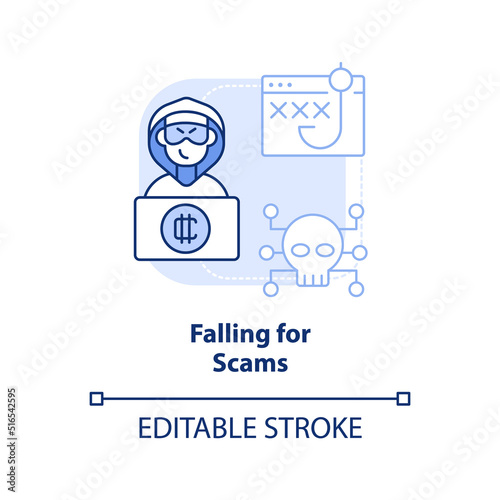 Falling for scams light blue concept icon. Beware of frauds. Common crypto mistake abstract idea thin line illustration. Isolated outline drawing. Editable stroke. Arial, Myriad Pro-Bold fonts used