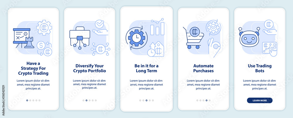Cryptocurrency tips light blue onboarding mobile app screen. Trade ...