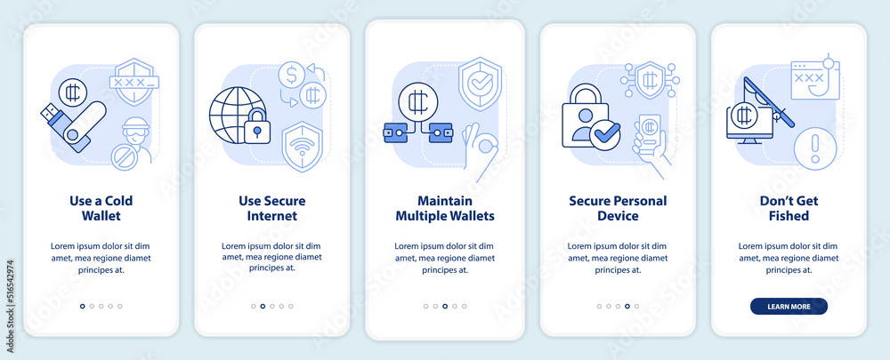 Crypto wallet security light blue onboarding mobile app screen. Walkthrough 5 steps editable graphic instructions with linear concepts. UI, UX, GUI template. Myriad Pro-Bold, Regular fonts used