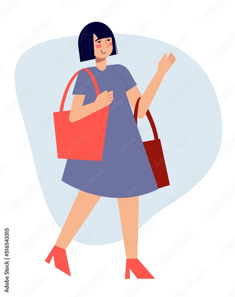 Cute female walking with shopping
bags in market shop. Vector flat modern minimalist illustration
