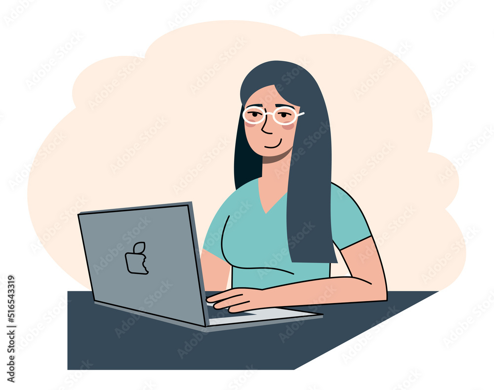 Cute female in glasses working with laptop computer. Vector flat modern minimalist illustration Cute female in glasses working with laptop computer. Vector flat modern minimalist illustration