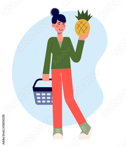 Female smiling shopping with market basket and pineapple in her hands. Vector flat modern minimalist illustration