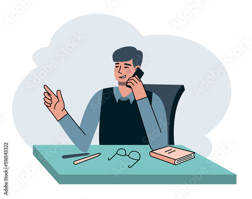 Handsome businessman in glasses calling to client. Vector flat modern minimalist illustration