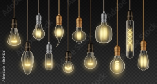 Filament lamps. Realistic incandescent light bulbs of different types and shapes, retro loft interior decoration lamp. Vector glowing vintage ceiling chandelier set