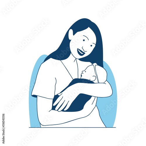 flat style vector illustration young Mother and newborn baby sleeping