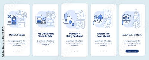 Protecting money during inflation light blue onboarding mobile app screen. Walkthrough 5 steps editable instructions with linear concepts. UI, UX, GUI template. Myriad Pro-Bold, Regular fonts used