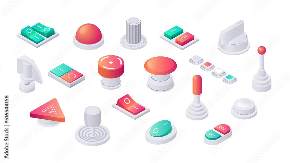 Isometric buttons. 3D toggles switches and sliders, analog control