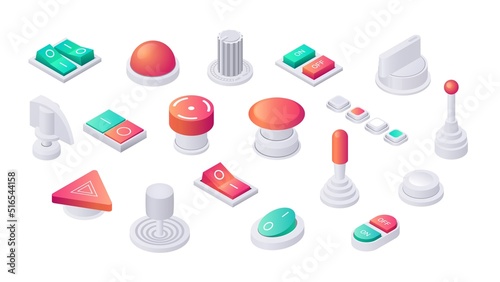 Isometric buttons. 3D toggles switches and sliders, analog control panel regulators isolated set, volume levers and radio adjustment controllers. Vector collection