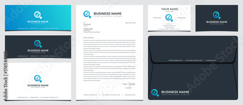 Q tech logo with stationery, business card and social media banner designs