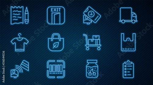 Set line Shopping list, Paper shopping bag, POS terminal, with recycle, T-shirt, and pencil, Hand truck boxes and Fire exit icon. Vector